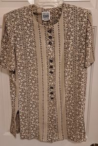 Brown and cream tunic top, R&M Richards by Karen Kwong, button closure